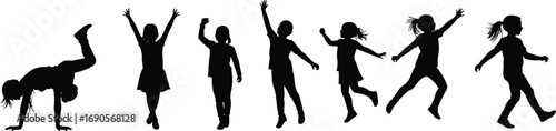 Black silhouette of active girls, children dancing and jumping, playful kids poses, energetic child movements, young girls playing vector, isolated school children figures