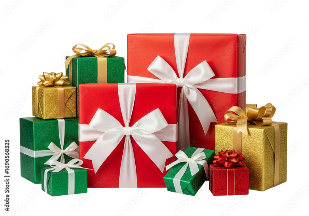 Obraz premium Pile of colorful gift boxes isolated on transparent background