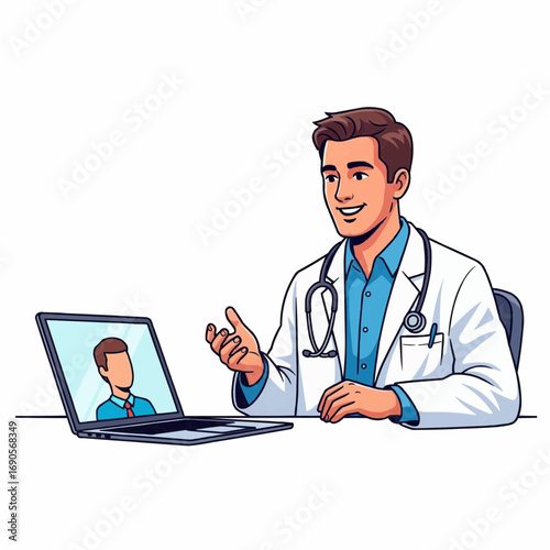 Online Medical Consultation with Doctor in White Coat Using Laptop