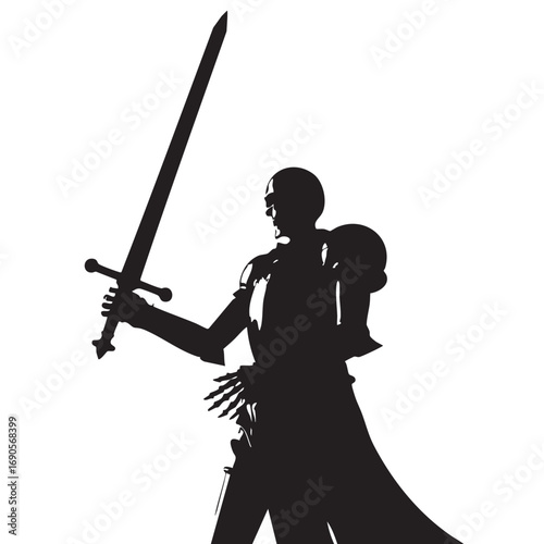 Black silhouette of a skeleton knight holding a sword on white background warrior armor