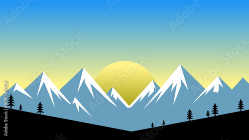 Vector illustration of sunrise behind snowy mountain peaks with a pine tree silhouette in the foreground. Perfect for nature, travel, and adventure designs.