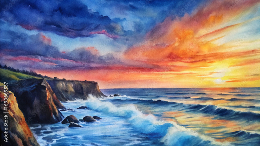 Naklejka premium Loose watercolor seascape of seaside cliffs at sunset, soft waves against rocks and a glowing sky blending into the calm blue ocean, evoking peace and coastal beauty.