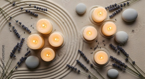 Zen garden with candles and lavender on sand with raked pattern