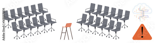 Rows of office chairs against a single stool paired with a tech alert and a circuit brain. Ideal for AI impacts, workplace trends, adaptation, caution, disparity, progress, simple flat metaphor