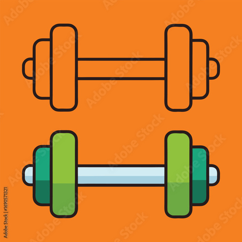 Vector art of two dumbbells, one orange and one green, on an orange background