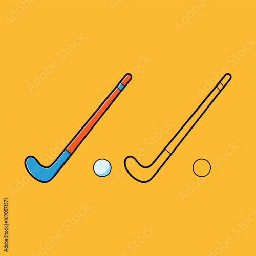 Vector art of two hockey sticks and balls on an orange background, one stick is blue and red