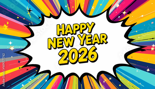 Happy New Year 2026 Comic Burst Poster Colorful Radiating Background with Stars and Bold Typography