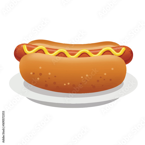 Vibrant 2D flat vector of a classic hotdog, nestled in a soft bun, adorned with yellow mustard and red ketchup, displayed on a pristine white ceramic plate against a clean white background.