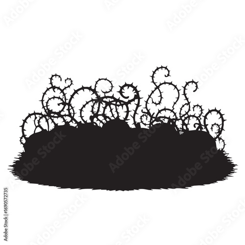 Silhouette of thorny vines and ground texture on white background black branches