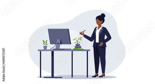 Mindful Leadership: Diverse Businesswoman Finds Inner Calm for Peak Performance and Workplace Well-being