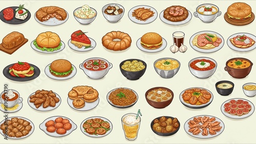 Illustrated Variety of International Dishes