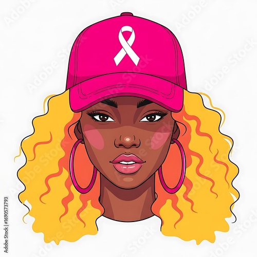 Confident Black Woman, Pink Breast Cancer Awareness Baseball Cap, Curly Blonde Hair, Vector Illustration