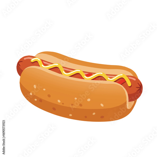 A classic hotdog, complete with vibrant yellow mustard and rich red ketchup, rests in a soft bun, rendered as a simplified 2D flat vector illustration against a pristine white background.