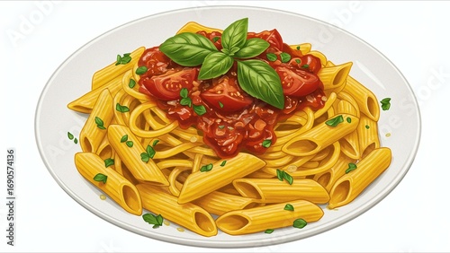 Pasta with Tomato Sauce and Basil Garnish