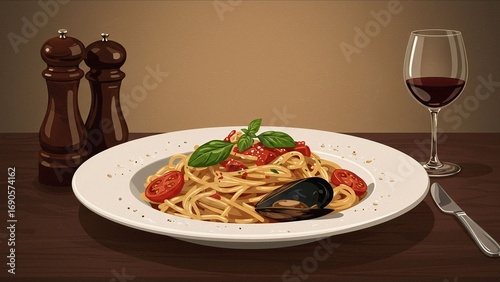 Pasta with Mussels and Wine on a Dining Table