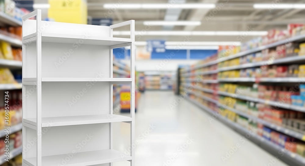 Fototapeta premium Grocery Store Aisle with Empty Display Shelves.