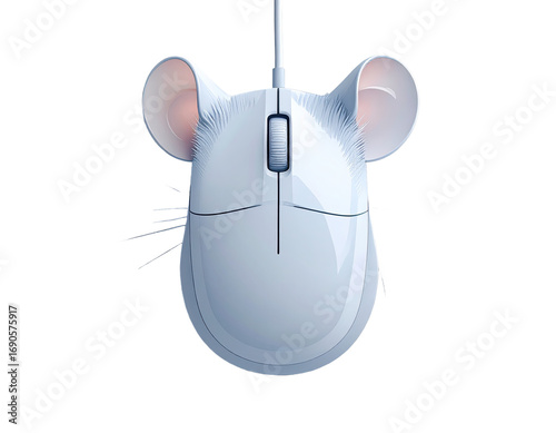 A stylized, light gray computer mouse, shaped like a cartoon mouse with large ears