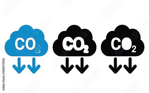 Illustrative set of three cloud icons depicting carbon dioxide emission reduction, representing environmental initiatives and climate action