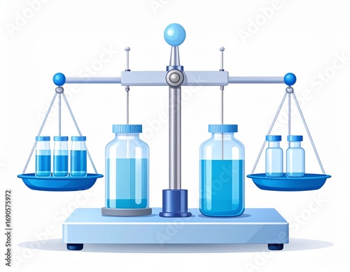 Balance scale showing equilibrium with vials and bottles filled with blue liquid, representing scientific measurement and precision in a laboratory setting.