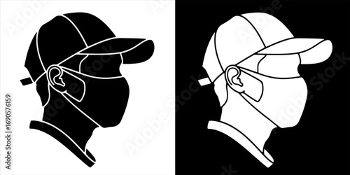 Black and white vector silhouette of a man wearing a mask and cap, side view. Minimal line art representing medical protection, safety, and pandemic awareness.