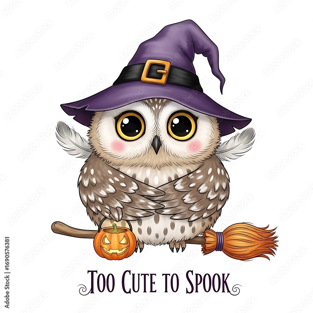 Naklejka premium Adorable Cartoon Owl in Witch Hat, Halloween Costume, Holding Jack-o'-lantern, Sweet and Playful Illustration.