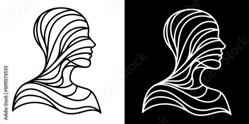 Black and white vector silhouette of a human body with abstract organic line pattern. Represents anatomy, identity, and contemporary art style.