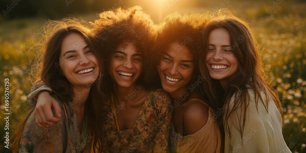 Fototapeta premium Friendship Goals Four Women Embracing with Joyful Smiles in Sunlit Field Celebrating Togetherness