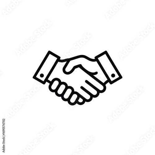 Black and white line art icon of two hands shaking on white background handshake agreement