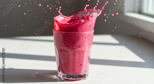 Vibrant Pink Smoothie Splash Frozen in Time, Capturing Refreshing Motion