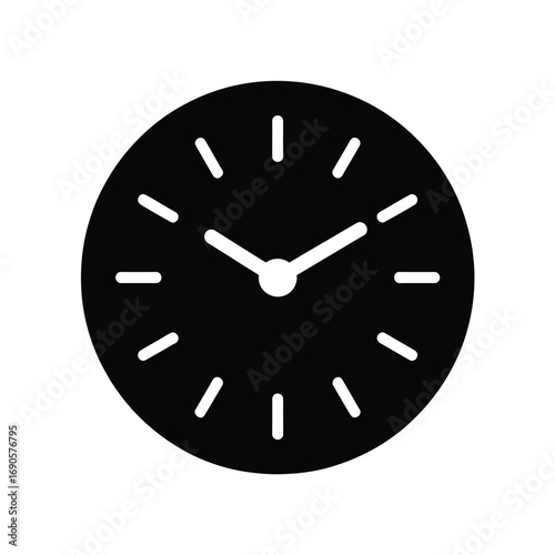 Black clock face with white hour markers and hands on white background time watch