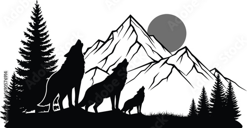 Howling wolves silhouette with mountains and trees, nature illustration