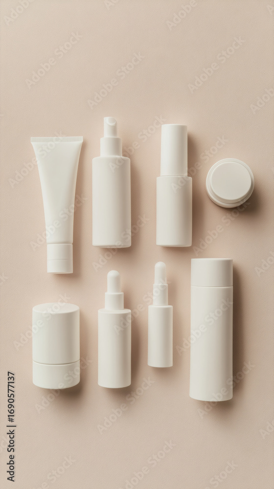 Fototapeta premium Clean beauty product collection in minimal white packaging. Various cosmetic containers on a soft neutral background.