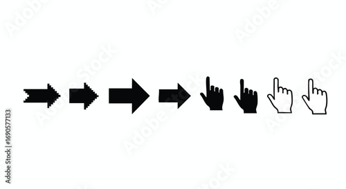 Evolution of digital interaction featuring pixel arrow to modern hand cursor for web design projects