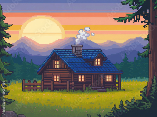 Pixel art illustration of a charming cabin nestled amidst a picturesque sunset landscape.