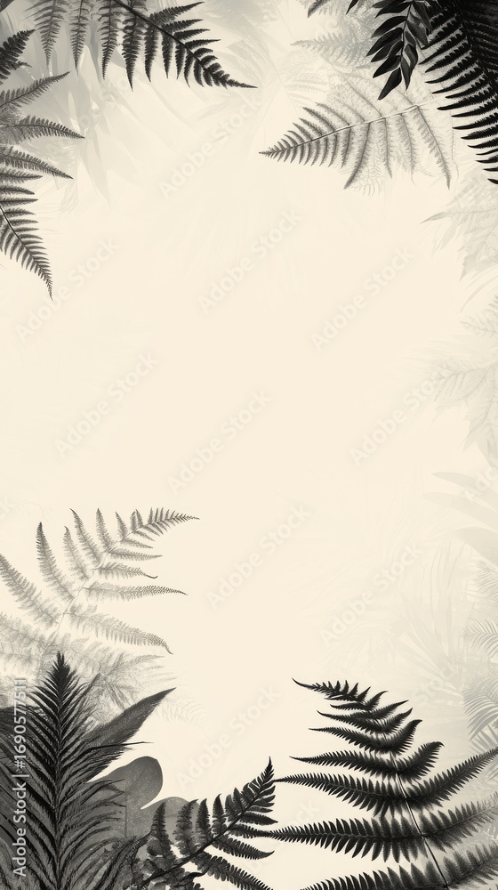 Fototapeta premium Monochrome fern foliage frames a natural, vintage background. Delicate leaves create an elegant, organic border.