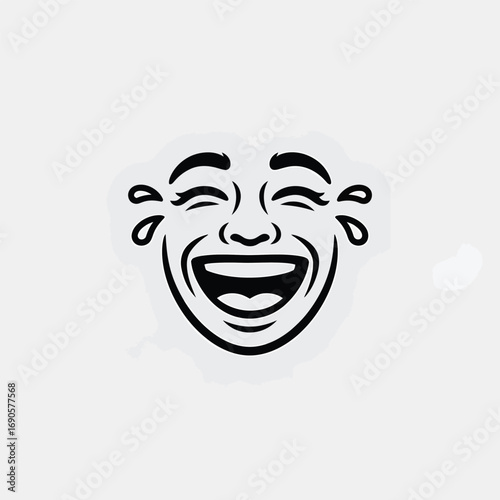 Black line art laughing face emoji with tears of joy on white background happy