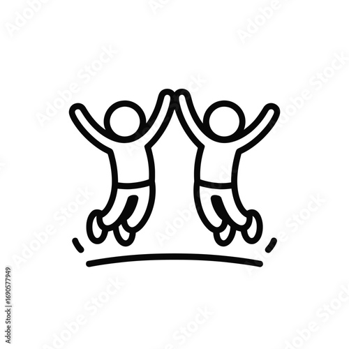 Black outline icon of two people jumping and high-fiving on white background high five