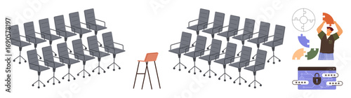 Two groups of office chairs face an orange chair symbolizing individuality. Nearby, teamwork, networking, creativity, and security icons emphasize collaboration, trust, and distinct leadership. Ideal