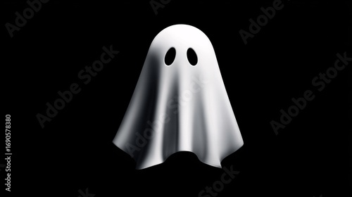 Cute floating white ghost under spotlight on dark studio background, minimalist Halloween banner.