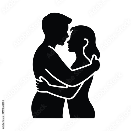 Black silhouette of a couple embracing intimately on white background love romance