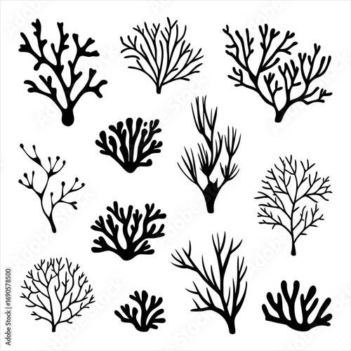 You've uploaded an image that appears to be a collection of coral silhouette illustrations. These silhouettes showcase a wide variety of coral shapes and structures, including branching corals, fan co