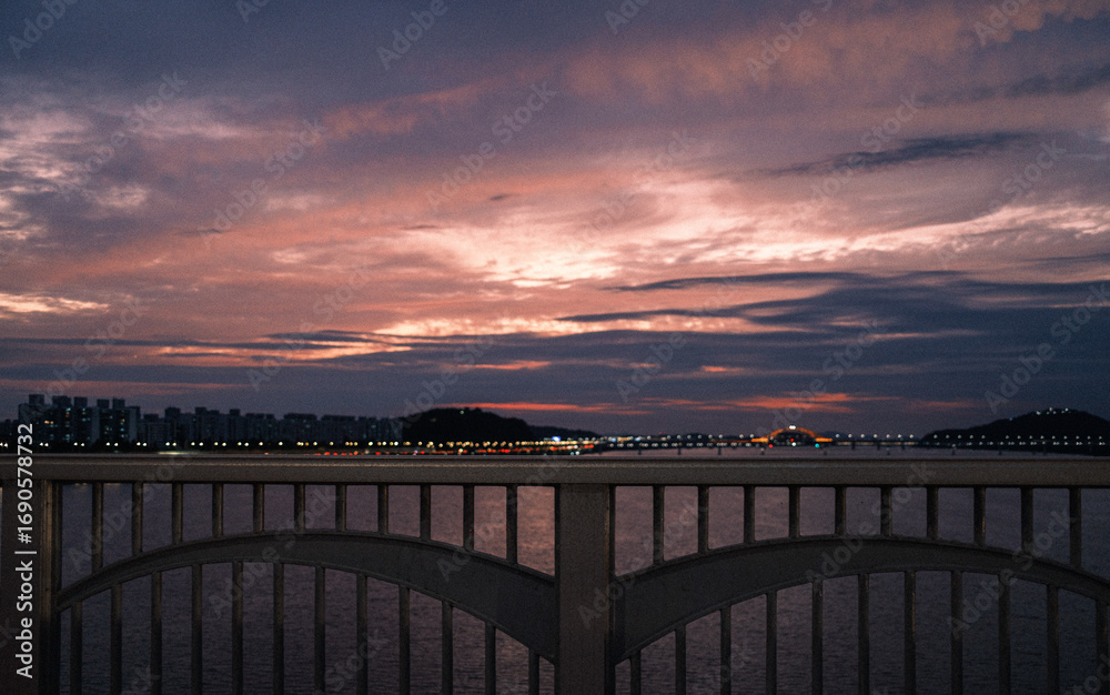 Obraz premium Riverview sight at the bridge. 한강이 보이는 다리 위에서