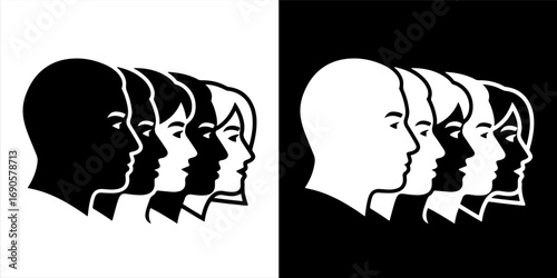 Black and white silhouettes of multiple human heads in profile. Represents collective thinking, communication, teamwork, and psychology.