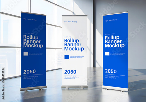 Three Roll Up Banner Mockup With Blue And White Theme