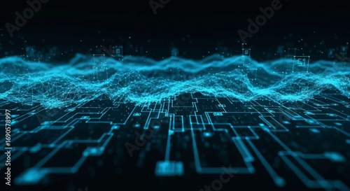 Abstract digital landscape with glowing blue particle waves flowing over a futuristic circuit board pattern, representing data and technology.