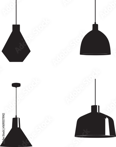 Vector art of collection of black pendant lights with different shapes