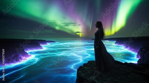 Woman standing on cliff with northern lights over glowing ocean waves
