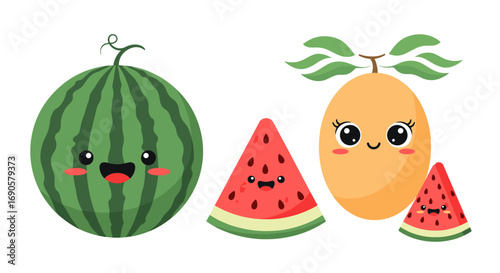 Cute kawaii fruits with happy faces illustration for summer fun and healthy eating