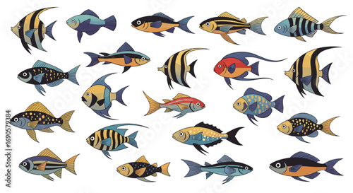 Collection of various aquarium fish species underwater life sea creatures marine biodiversity