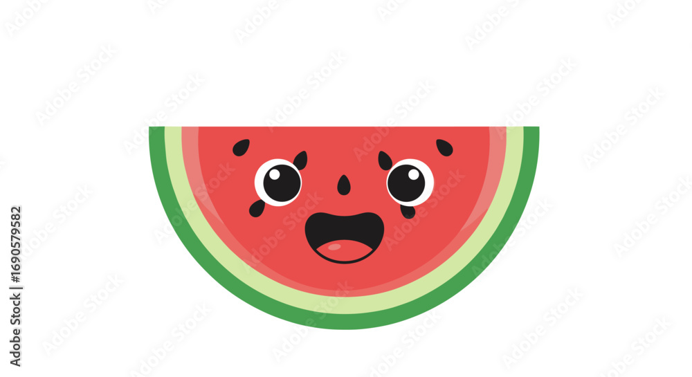Fototapeta premium Adorable smiling watermelon slice character with big eyes and open mouth